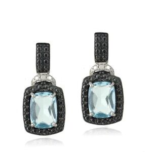 Sterling Silver 3.8ct Blue Topaz & Black Accent Rectangle Dangle Earrings NWOT